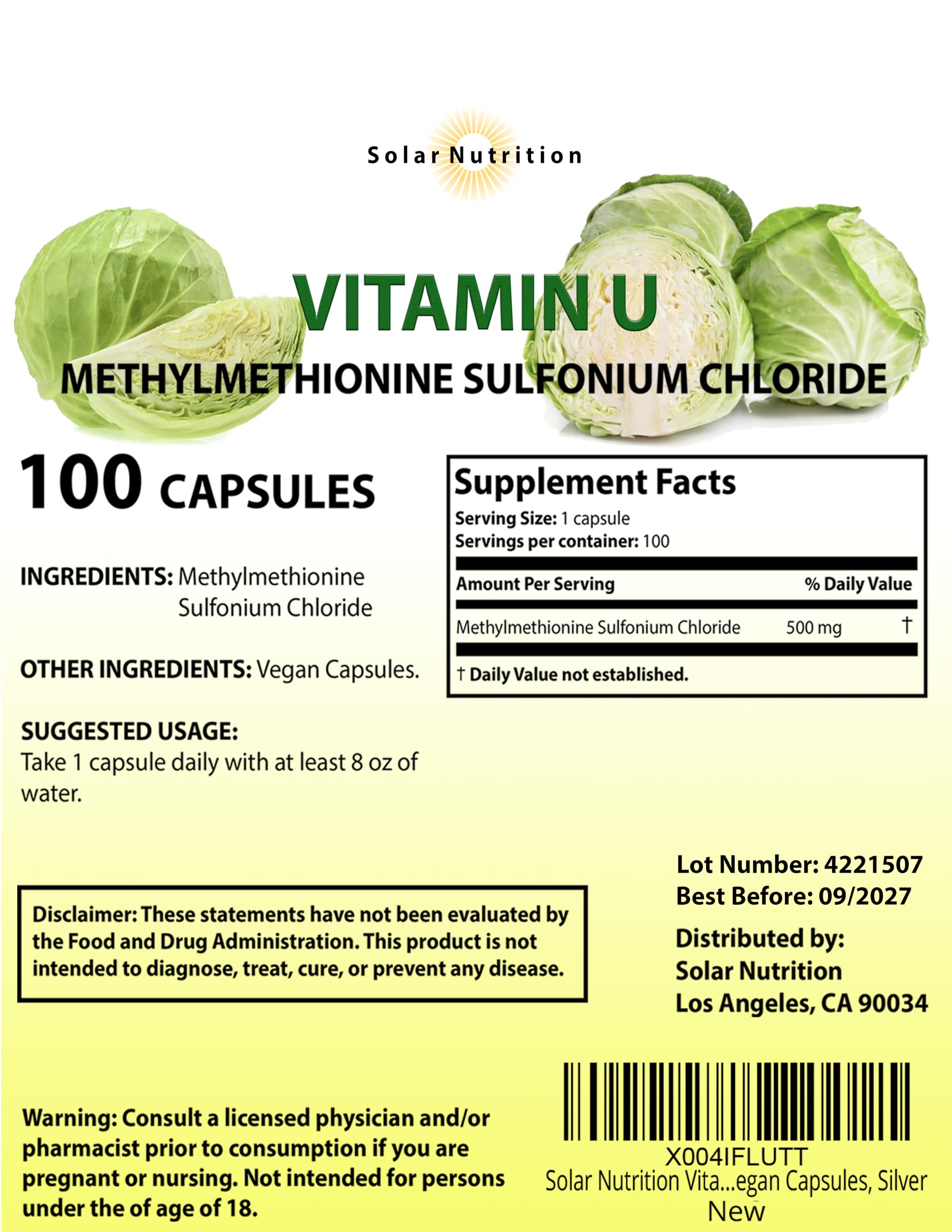 Close-up of Solar Nutrition Vitamin U vegan capsules for daily support