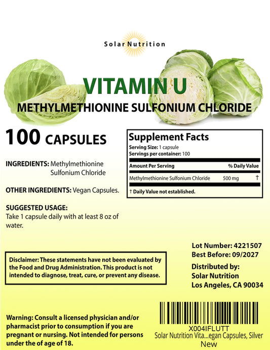 Close-up of Solar Nutrition Vitamin U vegan capsules for daily support