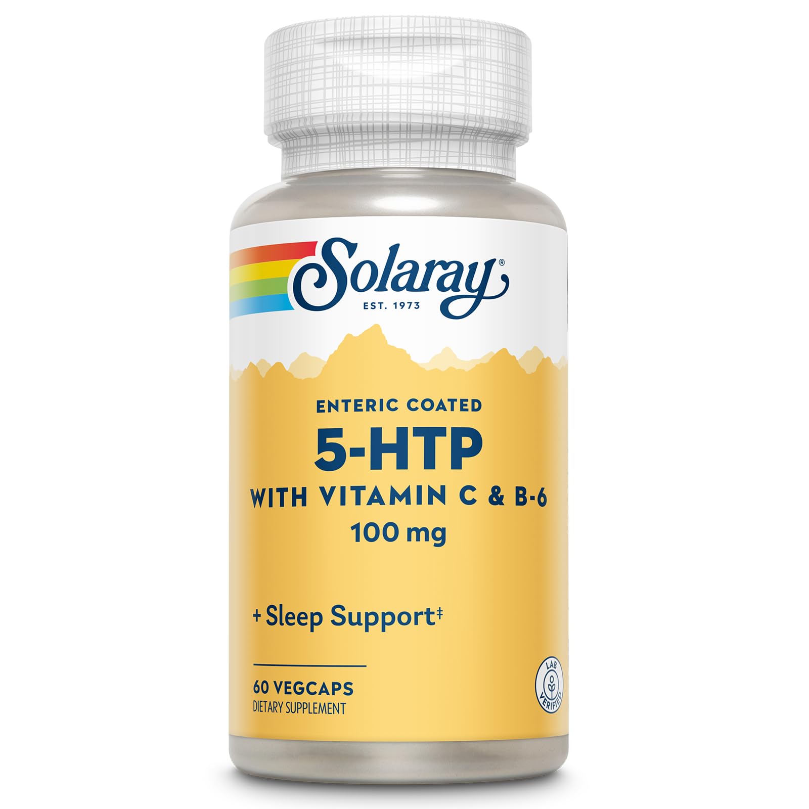 SOLARAY 5-HTP bottle front with enteric-coated capsules for restful evenings