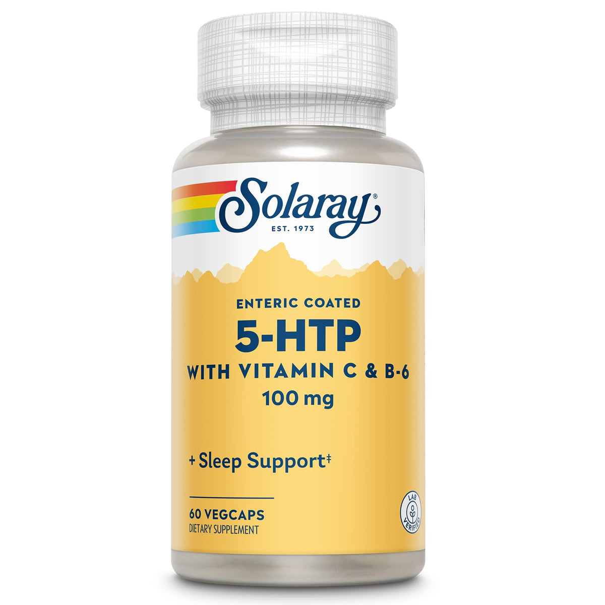 SOLARAY 5-HTP bottle front with enteric-coated capsules for restful evenings