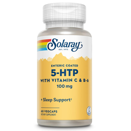 SOLARAY 5-HTP bottle front with enteric-coated capsules for restful evenings