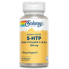 SOLARAY 5-HTP bottle front with enteric-coated capsules for restful evenings