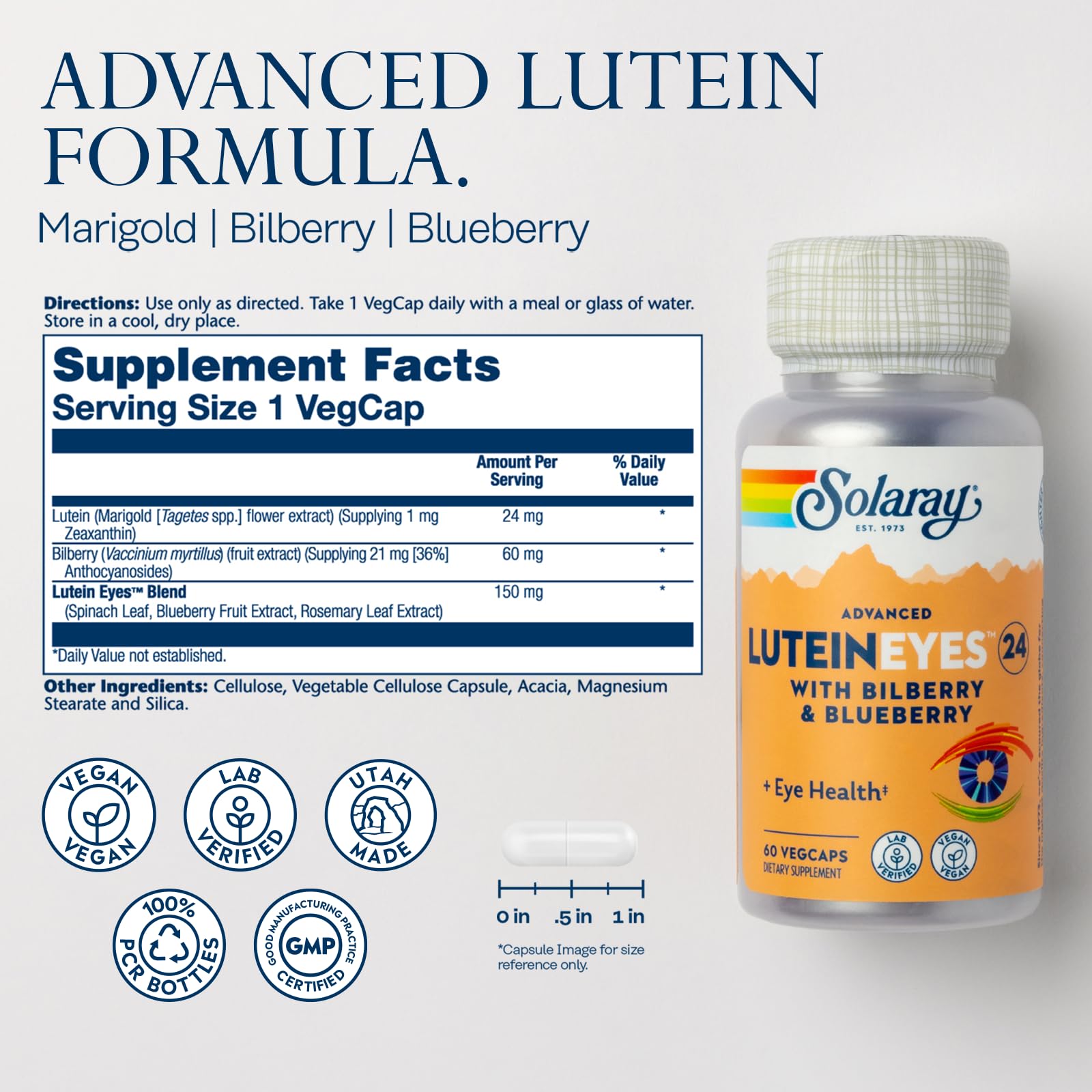 SOLARAY Advanced Lutein Eyes 24 mg capsules close-up highlighting vegan soft capsules