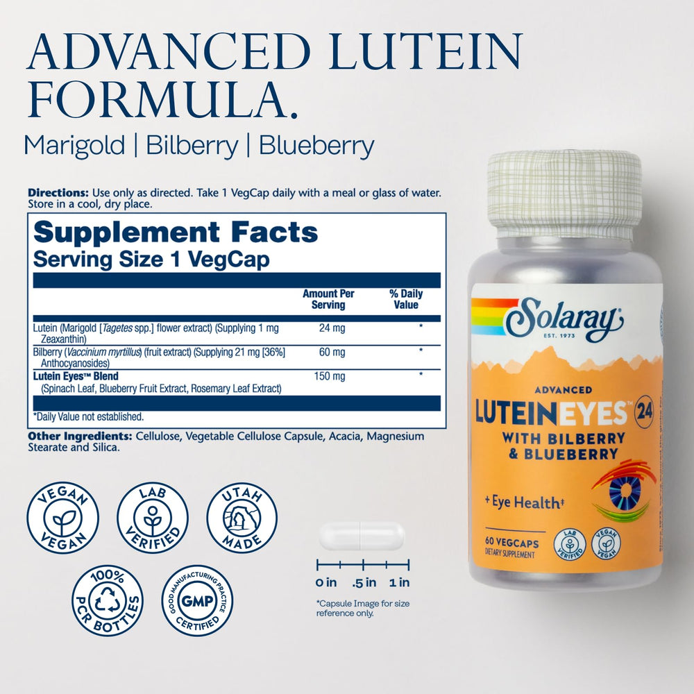 SOLARAY Advanced Lutein Eyes 24 mg capsules close-up highlighting vegan soft capsules