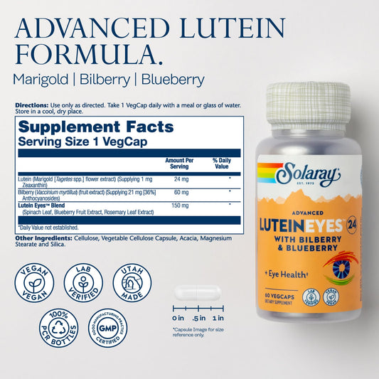 SOLARAY Advanced Lutein Eyes 24 mg capsules close-up highlighting vegan soft capsules