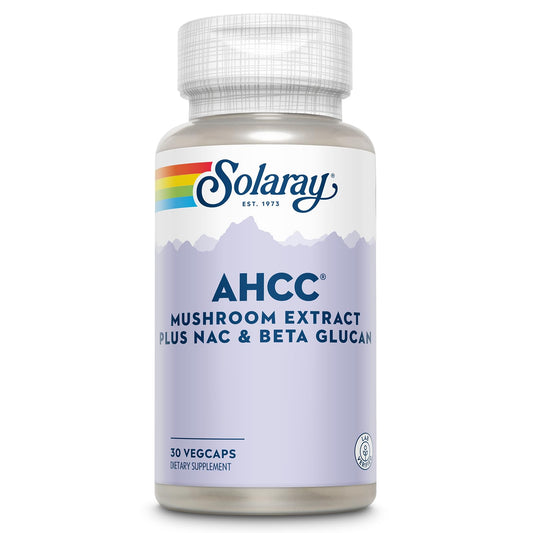 Solaray AHCC mushroom supplement bottle showing daily wellness formula