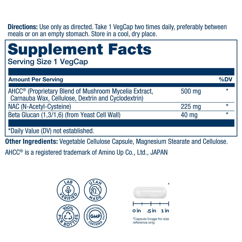 Solaray AHCC NAC and beta glucan ingredients list highlighting immune support