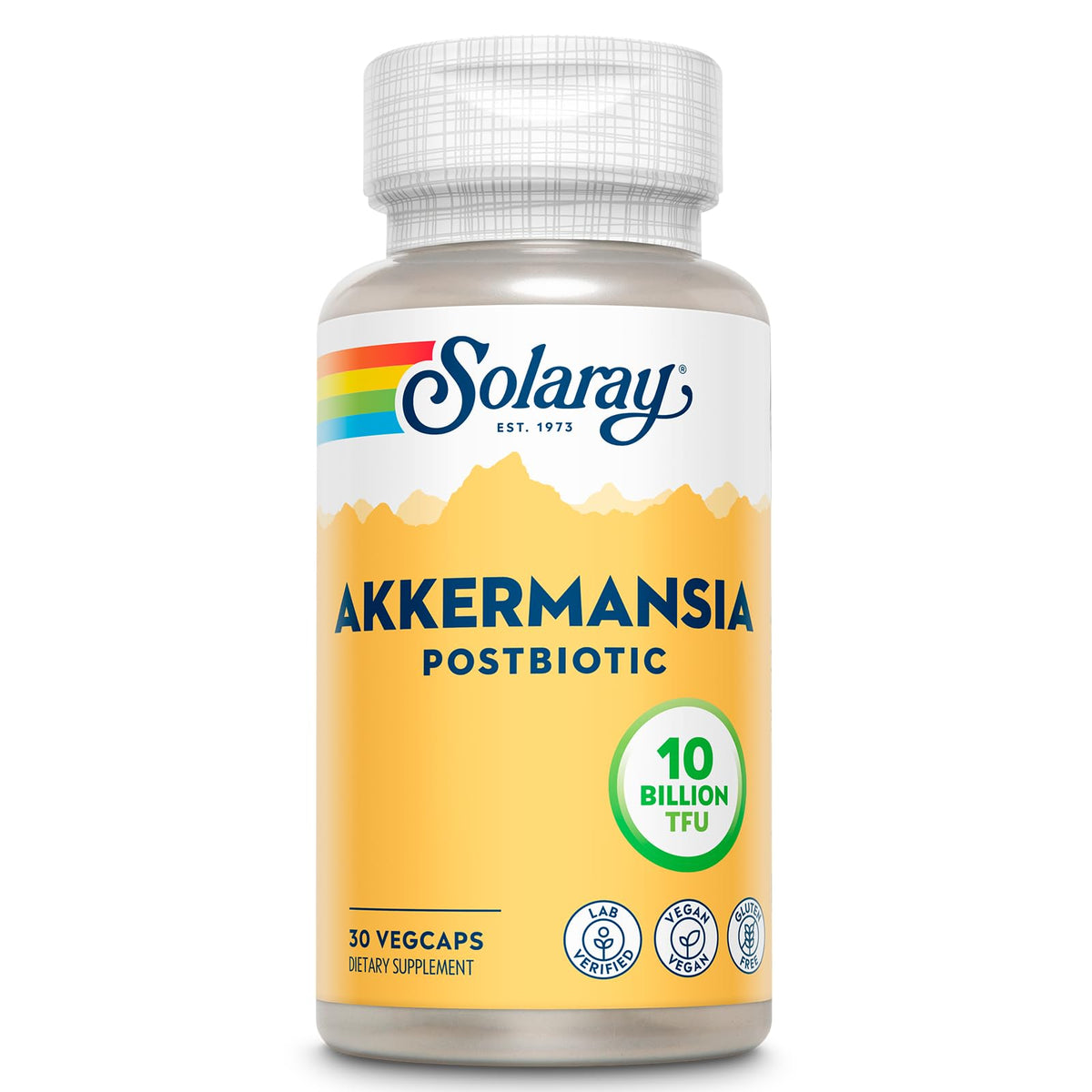 Solaray Akk11 postbiotic bottle highlighting gut health support and 10B TFU potency.