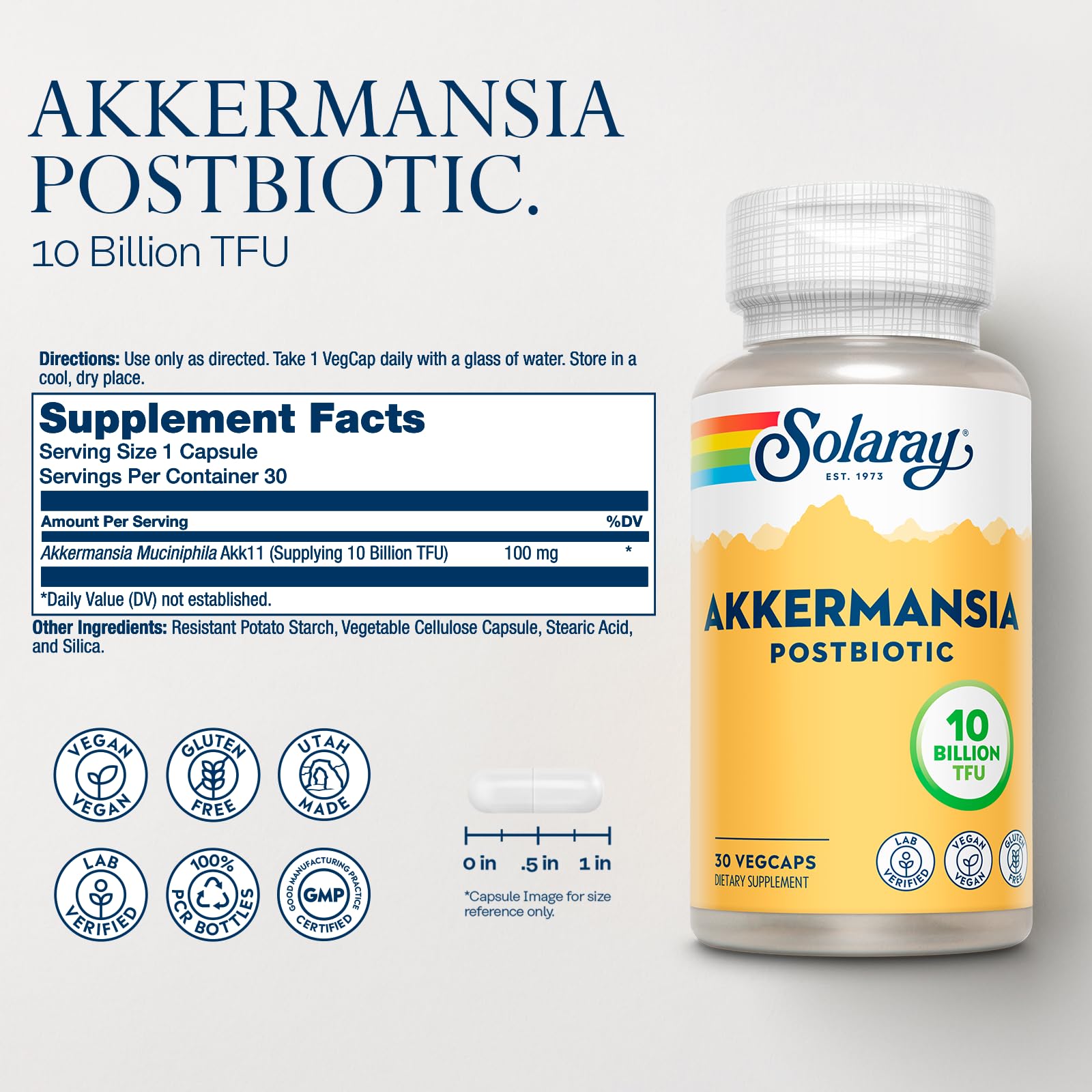 Solaray Akkermansia capsules on label promoting gut health.