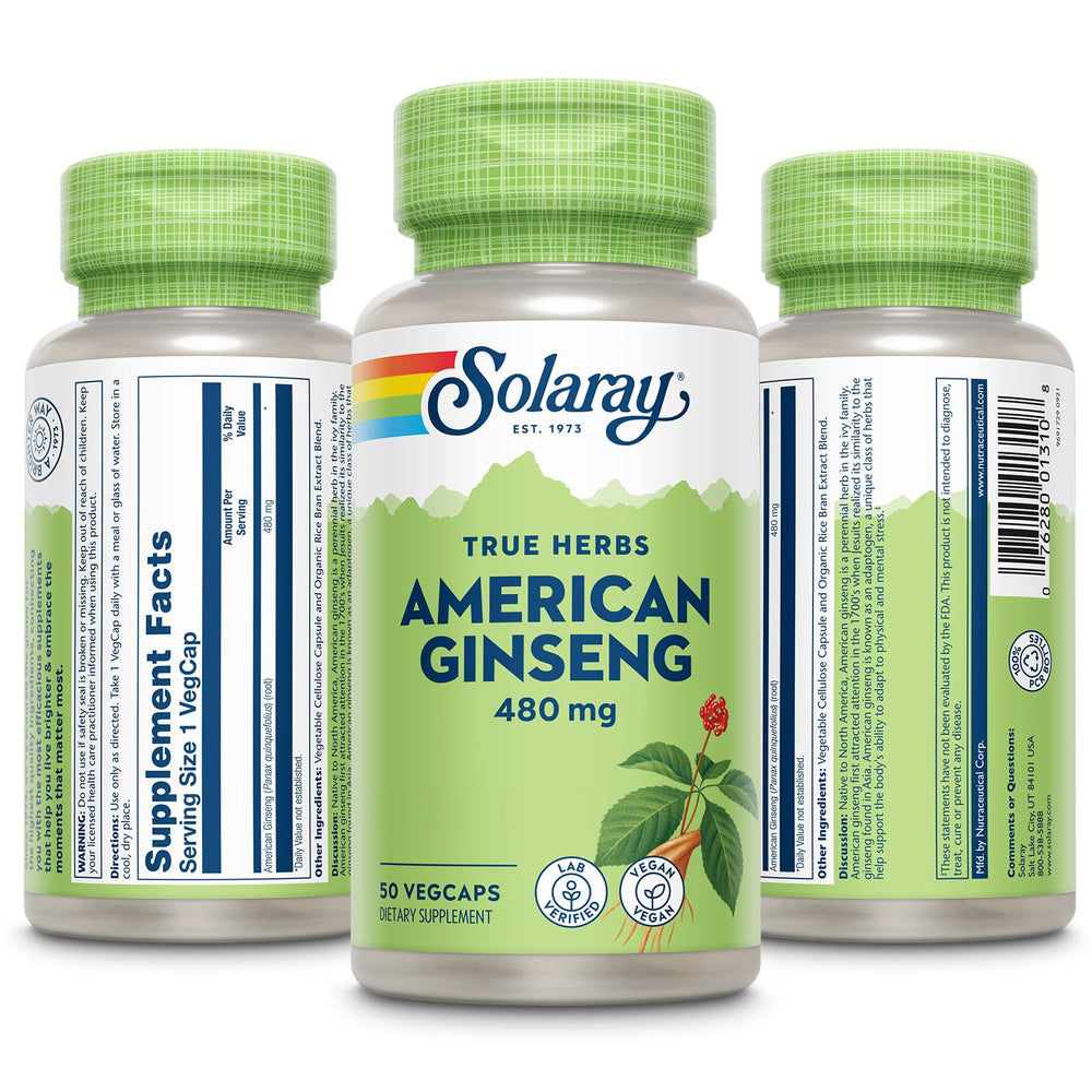 SOLARAY American Ginseng 480 mg capsules ready to support stress adaptation and endurance.