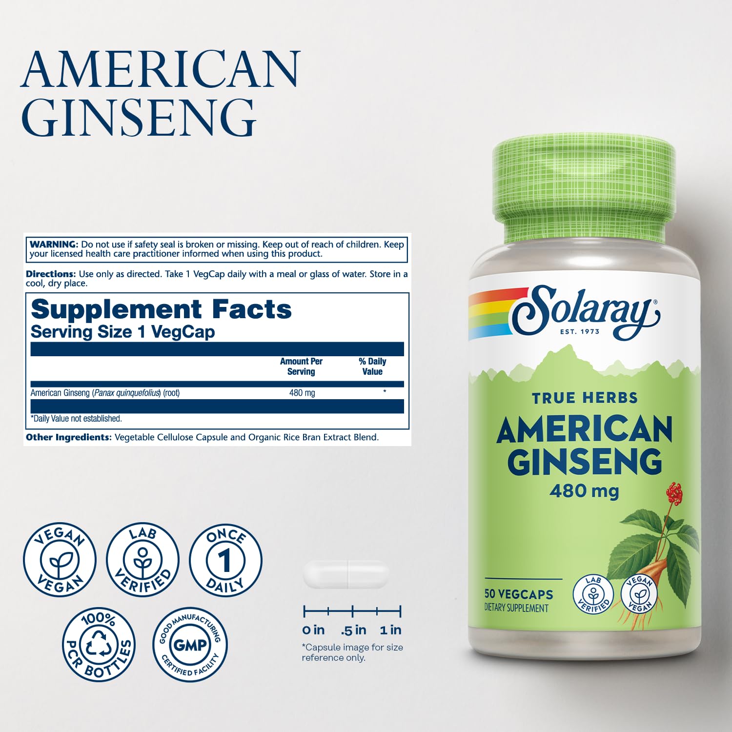 SOLARAY American Ginseng 480 mg label close-up highlights natural ingredients.