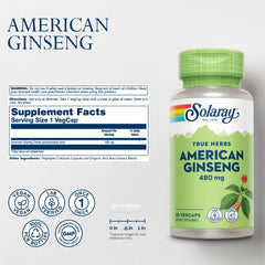 SOLARAY American Ginseng 480 mg label close-up highlights natural ingredients.