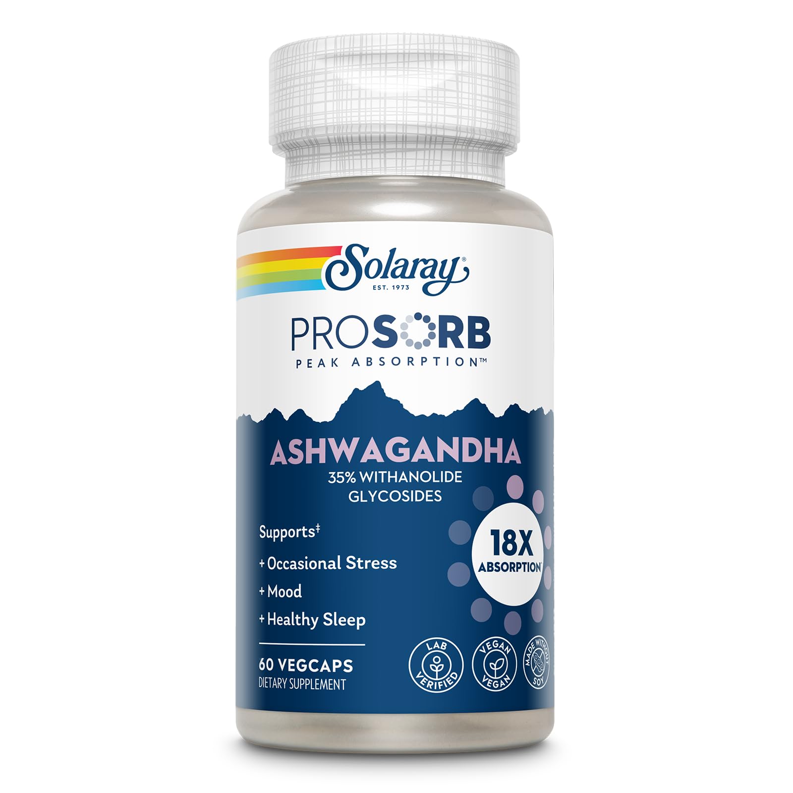 Solaray Ashwagandha capsules bottle closeup for daily wellness.