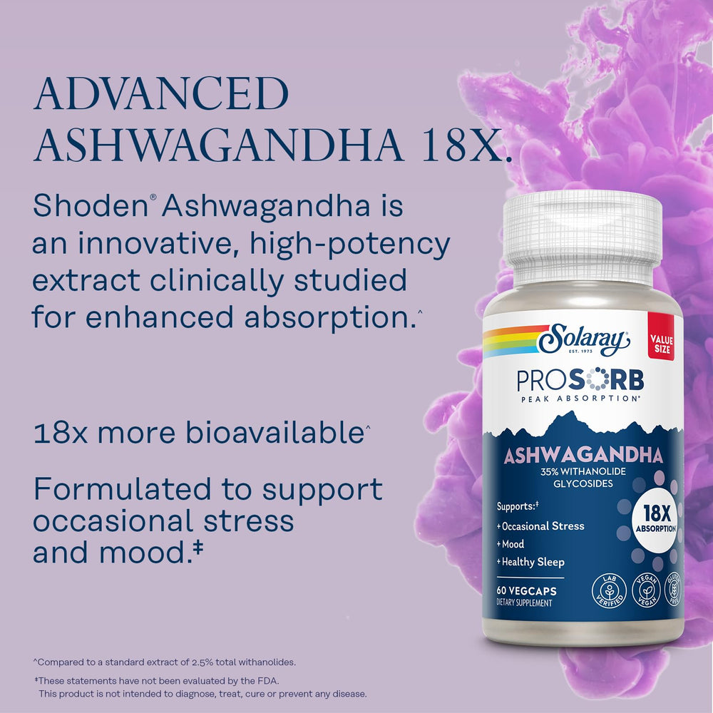 Solaray Ashwagandha capsules pour view illustrating serving size.
