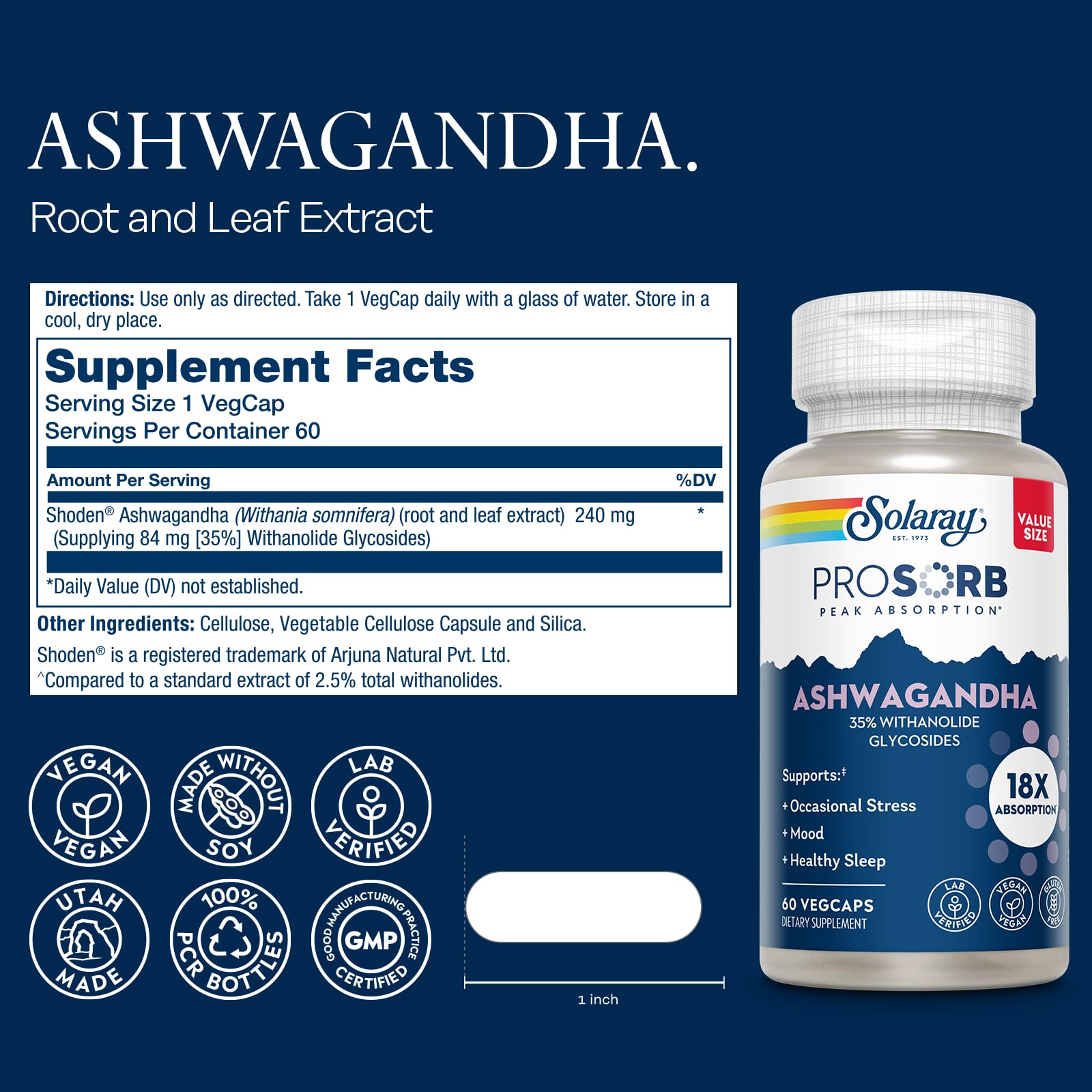 Solaray Ashwagandha label closeup highlighting vegan capsules.
