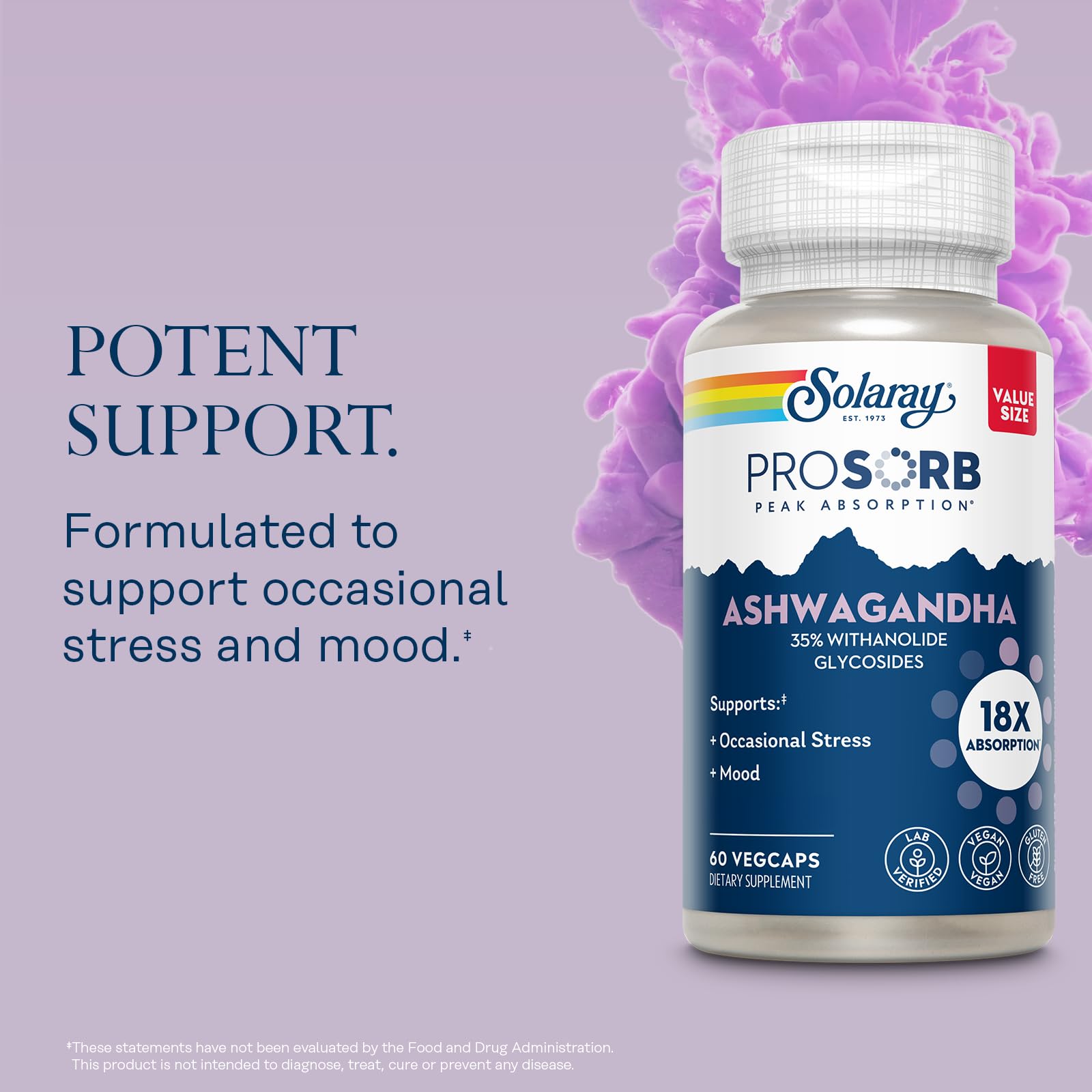 Solaray Ashwagandha packaging closeup with plant-based ingredients.