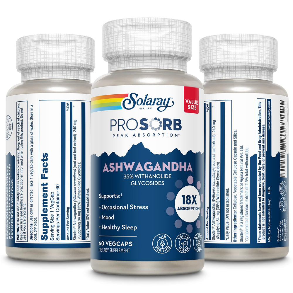 Solaray Ashwagandha vegetarian capsules front view.