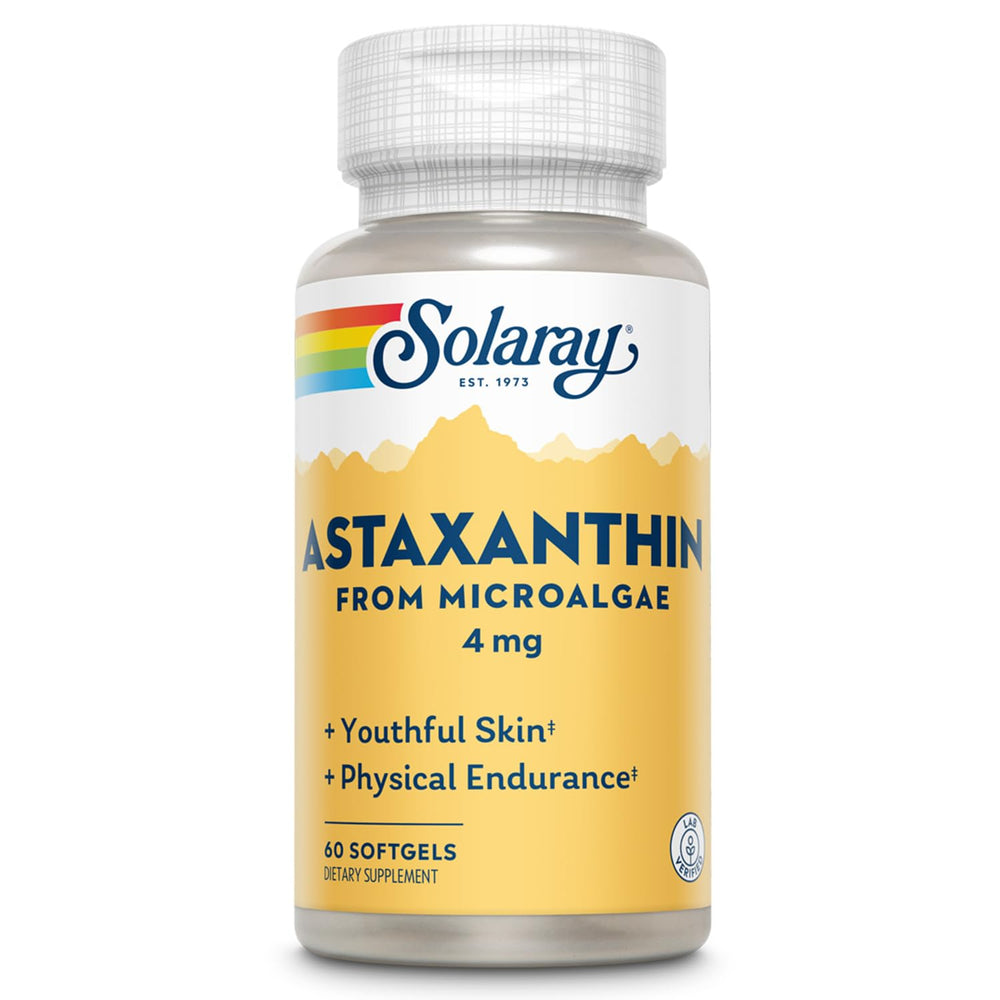 SOLARAY Astaxanthin 4 mg bottle supports eye and skin health with eco-friendly packaging.