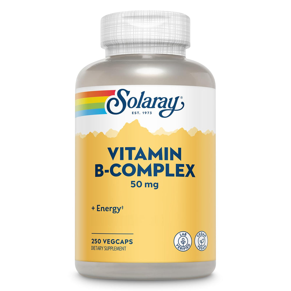 SOLARAY B Complex bottle cap with label, highlighting vegan energy support.