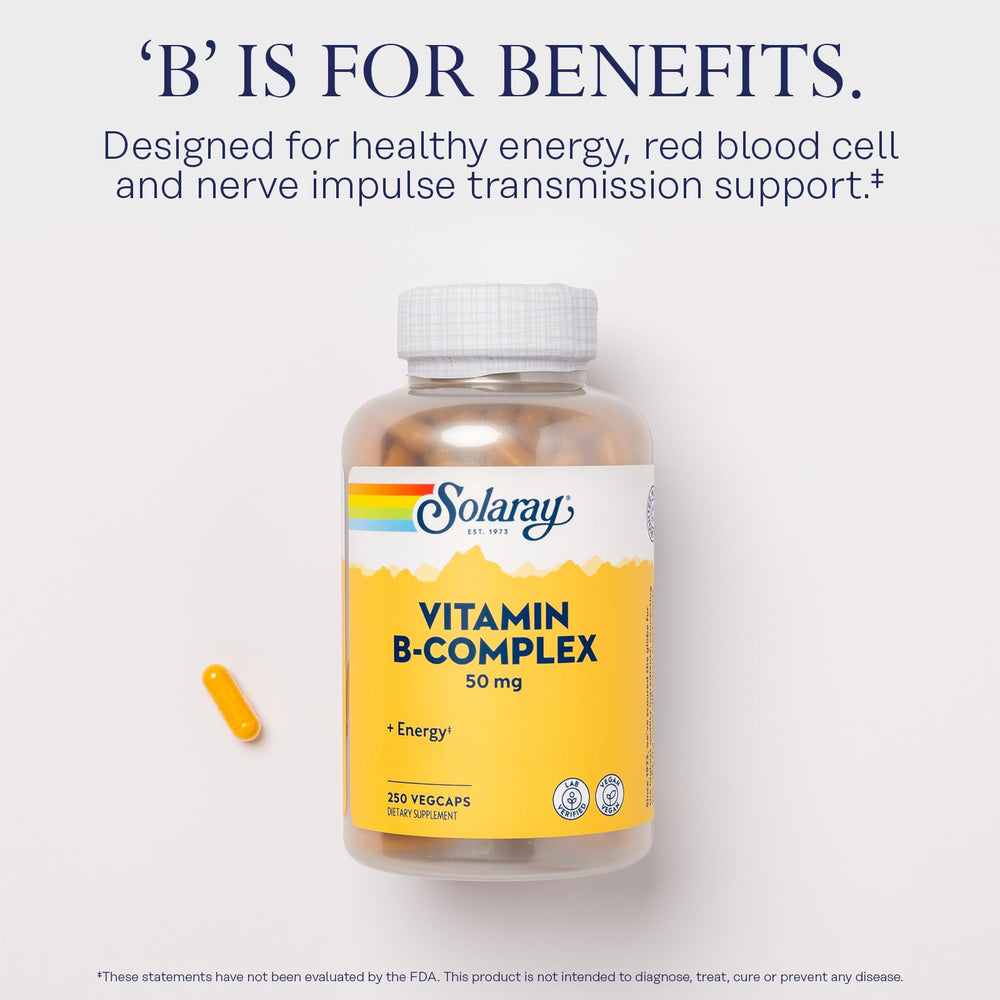 SOLARAY B Complex label details note 50 mg B vitamins and folic acid.