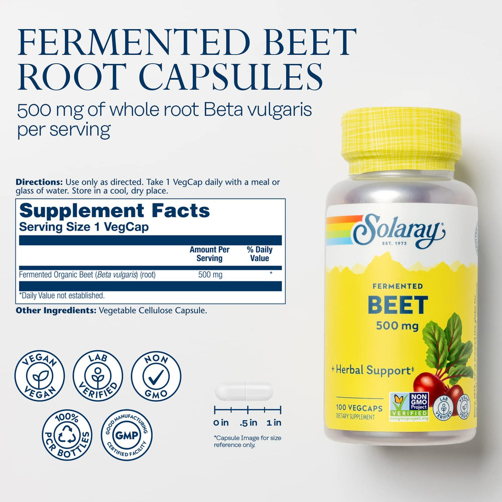 SOLARAY beet root capsules close-up emphasizing easy daily dosing