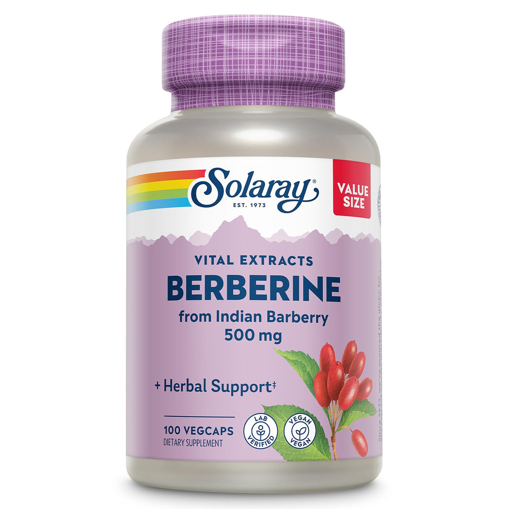 SOLARAY Berberine 500mg bottle label shows vegan branding and potency.