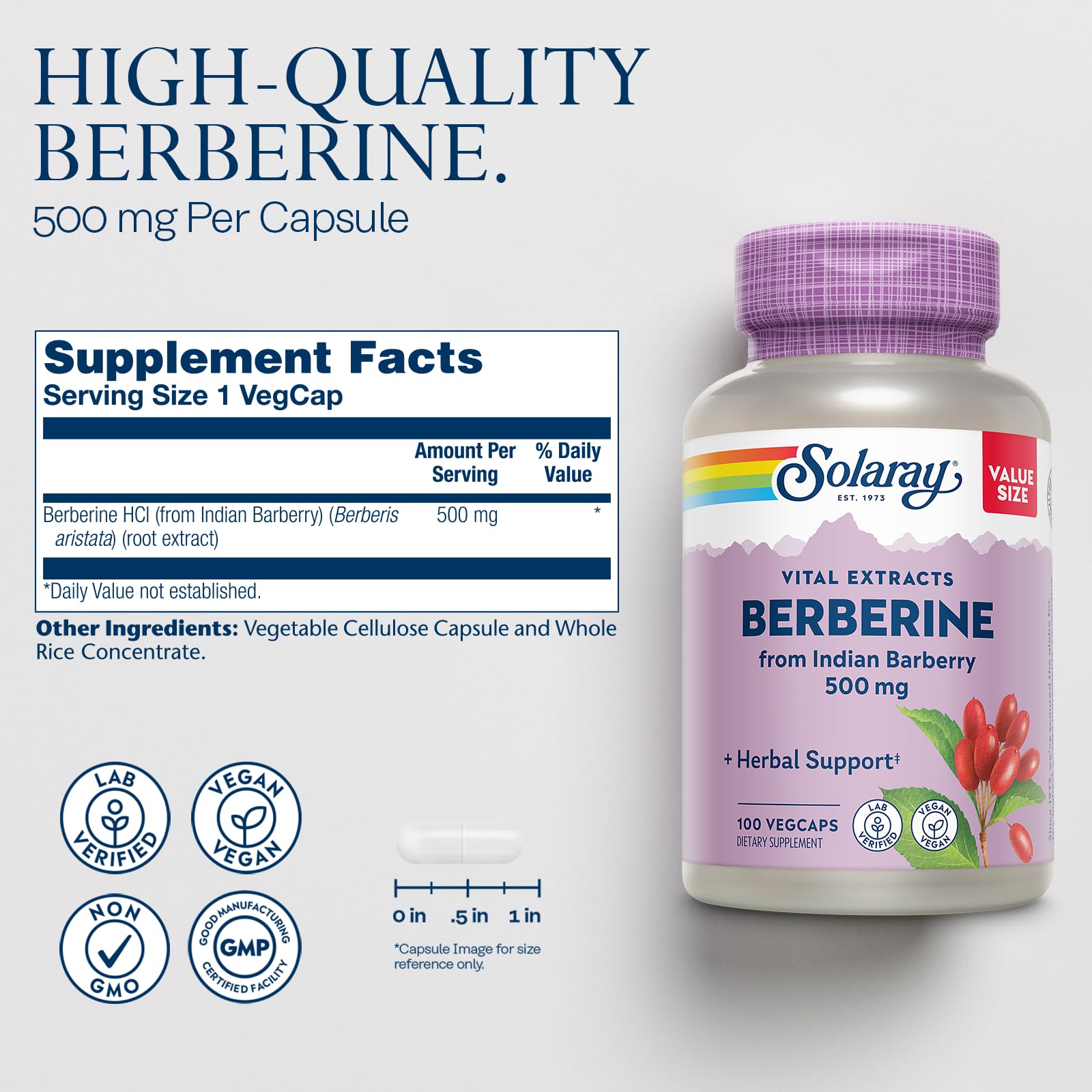 SOLARAY Berberine 500mg bottle pour reveals convenient daily capsules for active lifestyles.