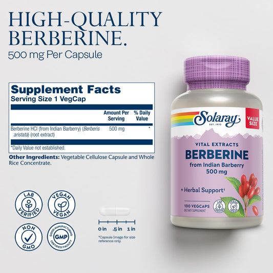 SOLARAY Berberine 500mg bottle pour reveals convenient daily capsules for active lifestyles.