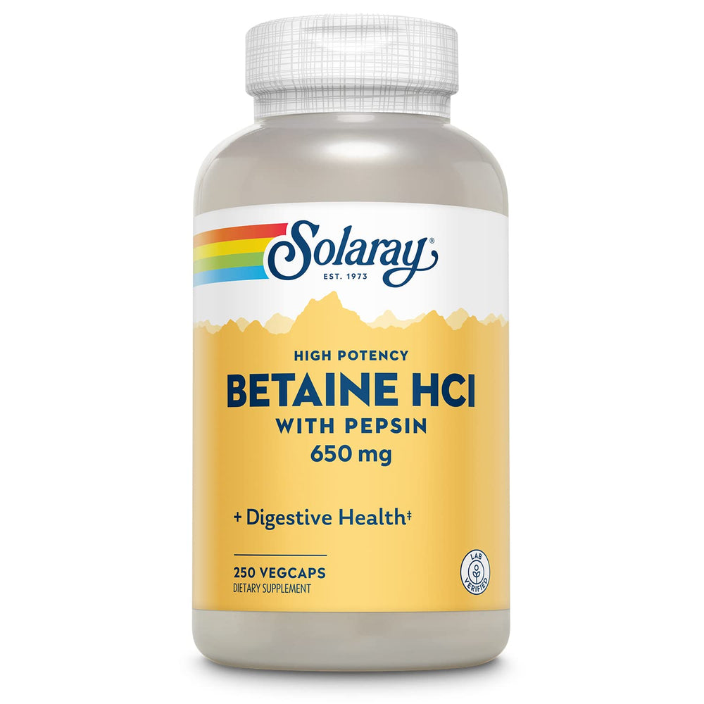 SOLARAY Betaine HCL with Pepsin bottle, high potency digestion support