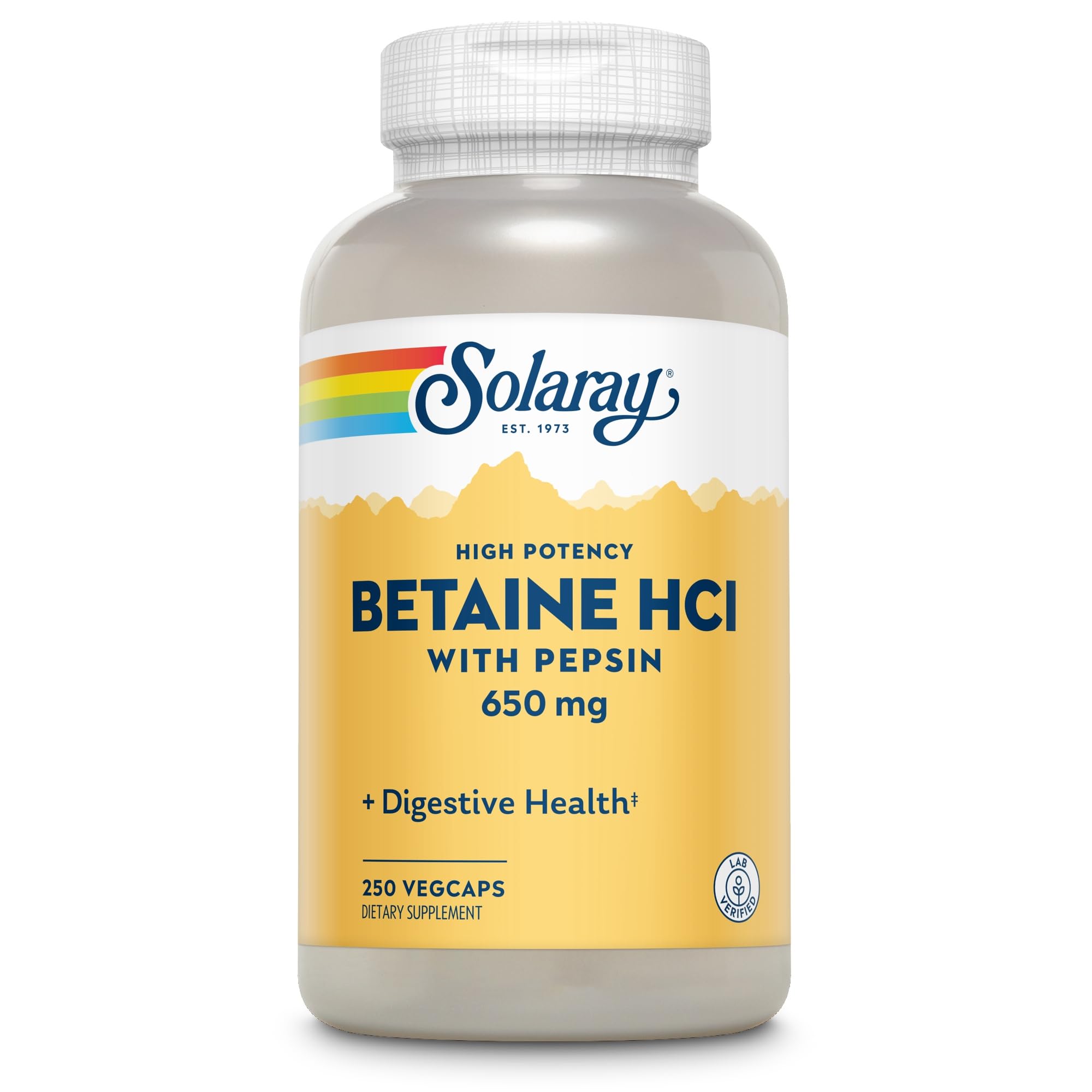 SOLARAY Betaine HCL with Pepsin ingredients label showing purity