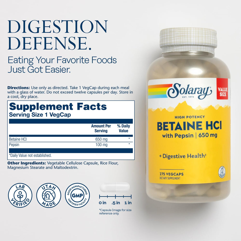 Solaray Betaine HCl Pepsin label closeup highlighting ingredients and potency