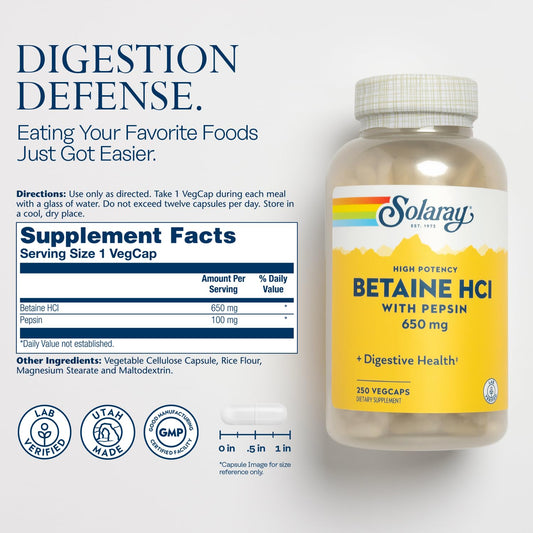 SOLARAY Betaine HCL with Pepsin tablets close-up highlighting enzyme blend