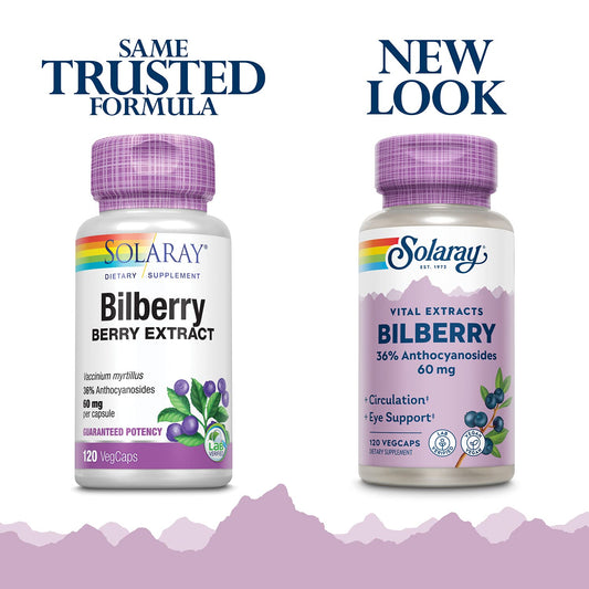Solaray Bilberry capsules close-up emphasizing anthocyanosides for circulation