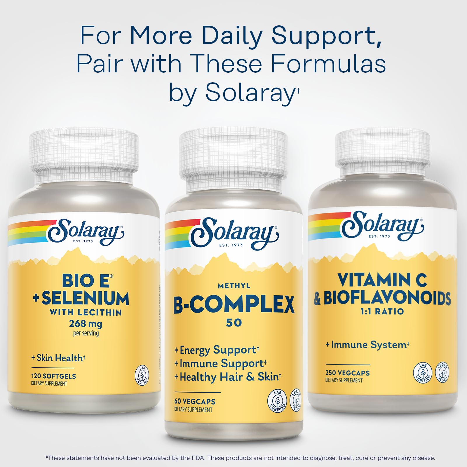 Graphic shows Solaray Vitamin E and selenium benefits in the blend.
