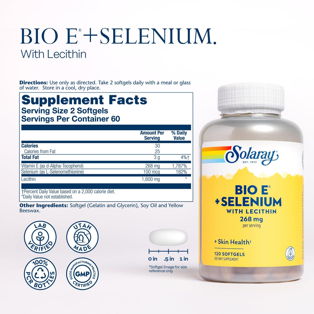 Solaray Bio E with Selenium bottle back shows nutritional details for informed choice.