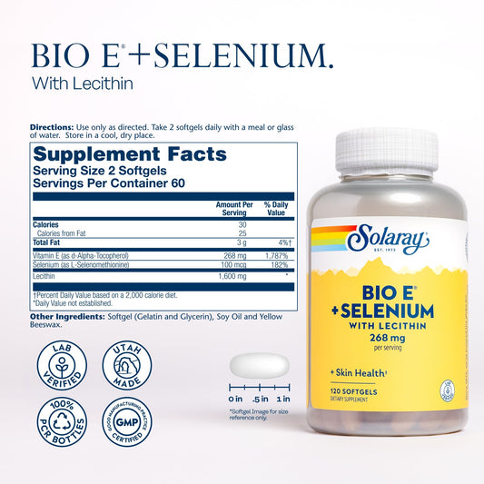 Solaray Bio E with Selenium bottle back shows nutritional details for informed choice.