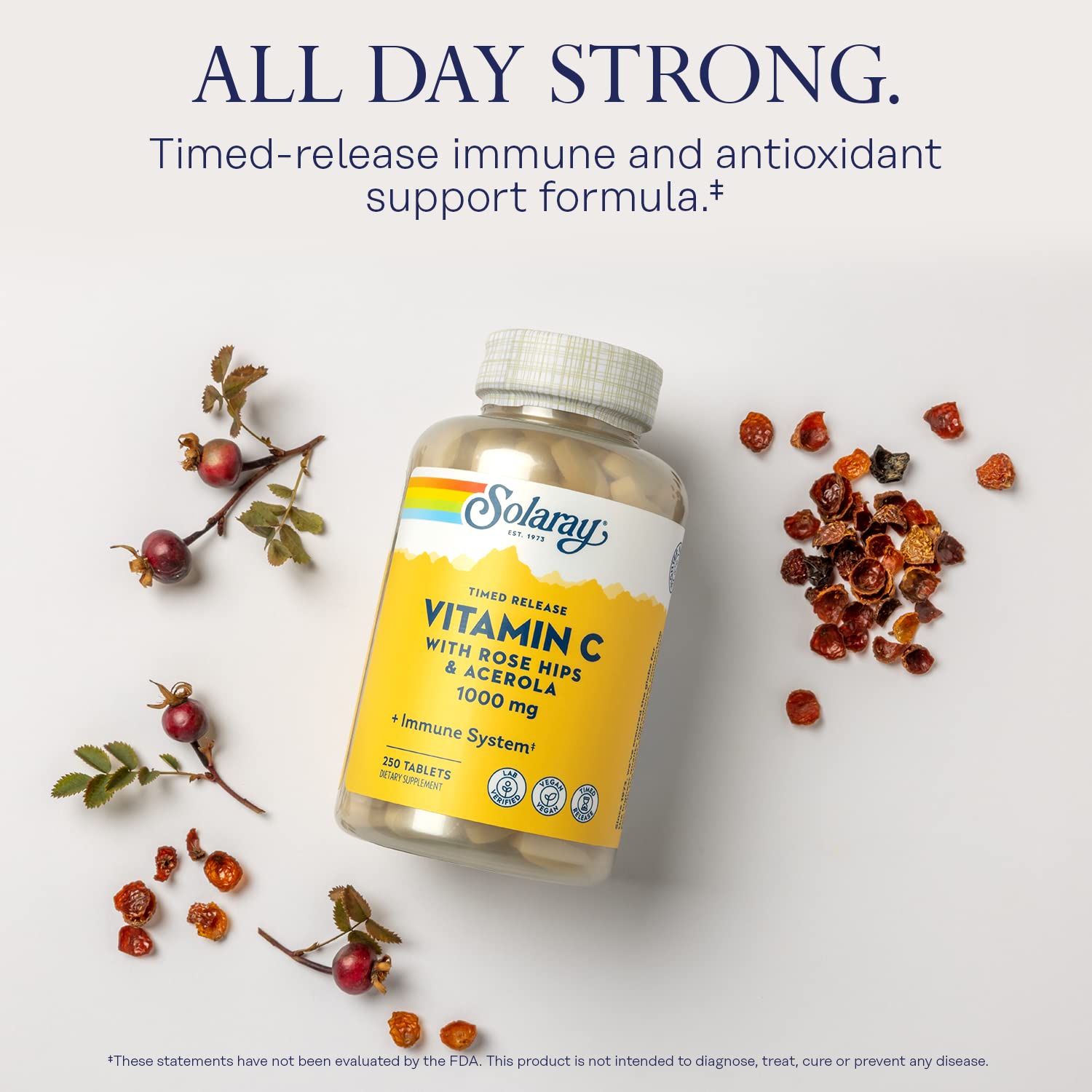 SOLARAY bottle close-up highlights non-GMO formula and natural fruit sources