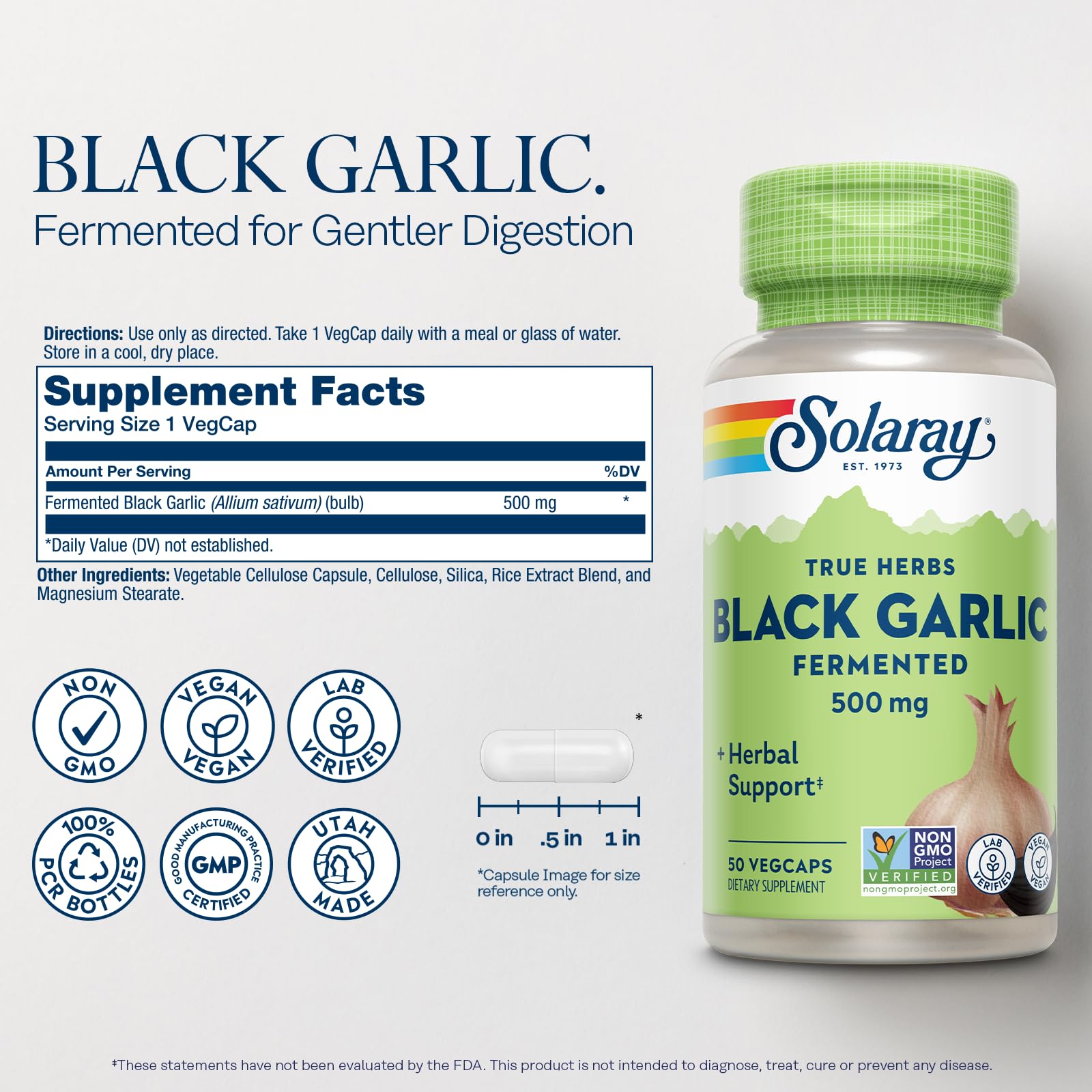 Solaray Black Garlic 500mg bottle label close-up for convenient daily wellness.