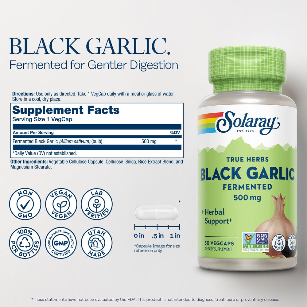 Solaray Black Garlic 500mg bottle label close-up for convenient daily wellness.