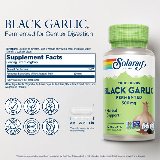 Solaray Black Garlic 500mg bottle label close-up for convenient daily wellness.
