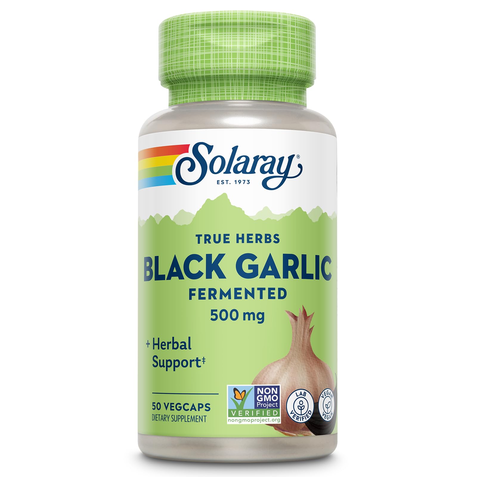 Solaray Black Garlic 500mg capsules package shows easy digestion and mellow aftertaste.