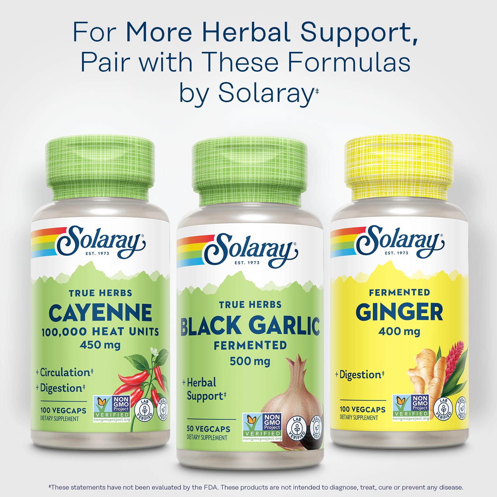 Solaray Black Garlic serving suggestion image shows taking with meals for digestion comfort.