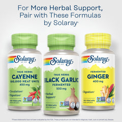 Solaray Black Garlic serving suggestion image shows taking with meals for digestion comfort.