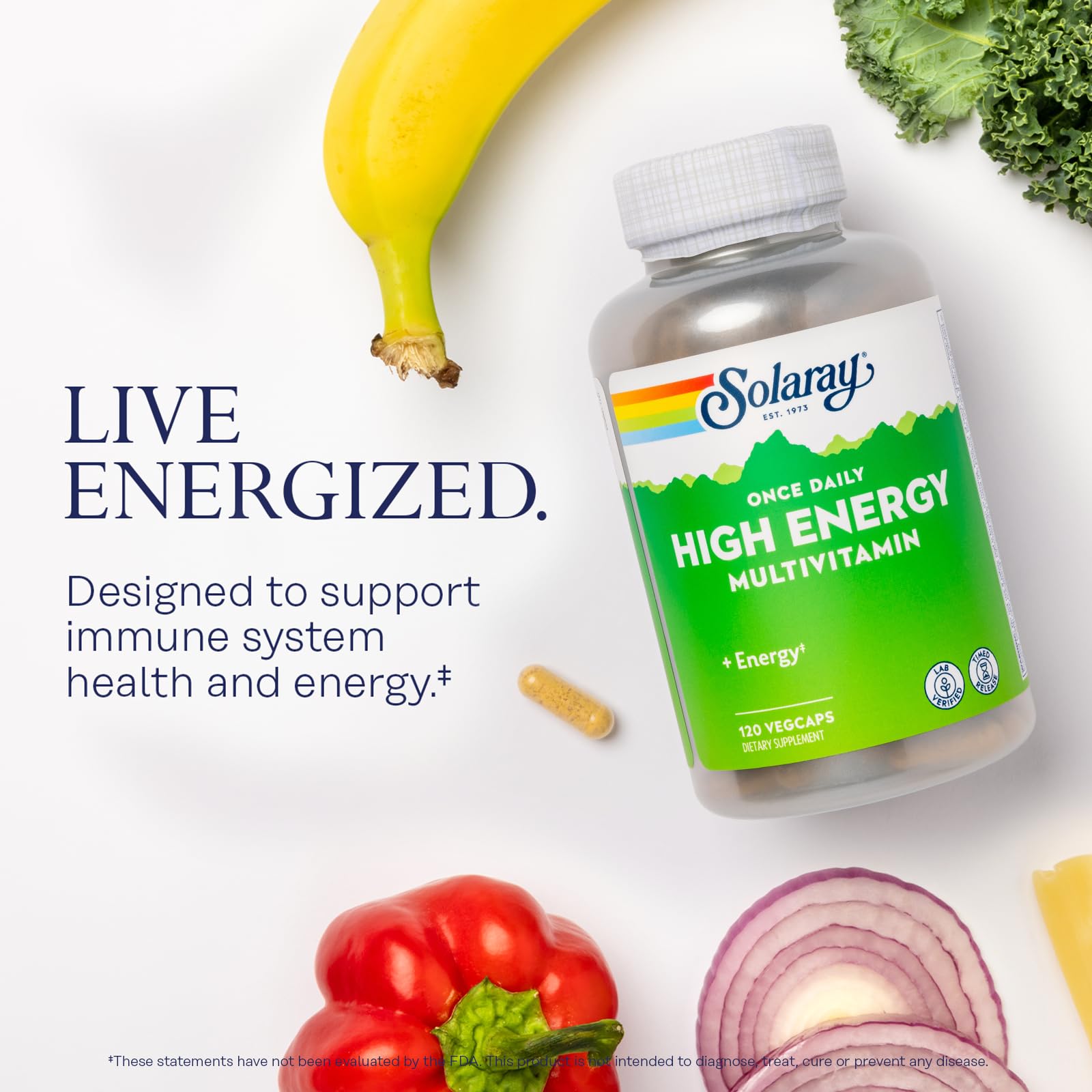 Solaray bottle label detail showcasing whole-food based nutrition and quality promise.