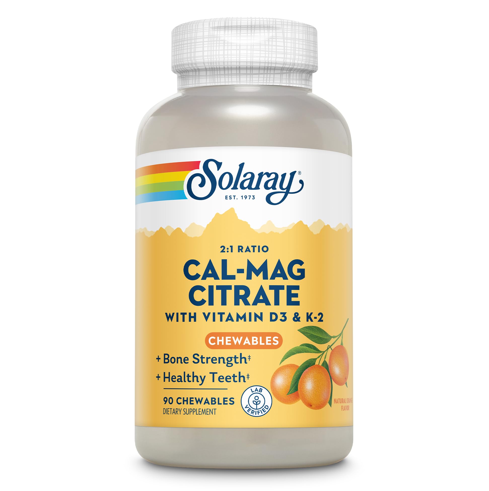 Solaray Cal-Mag Citrate Plus D-3 & K-2 orange chewables bottle highlighting daily bone support with citrus flavor.