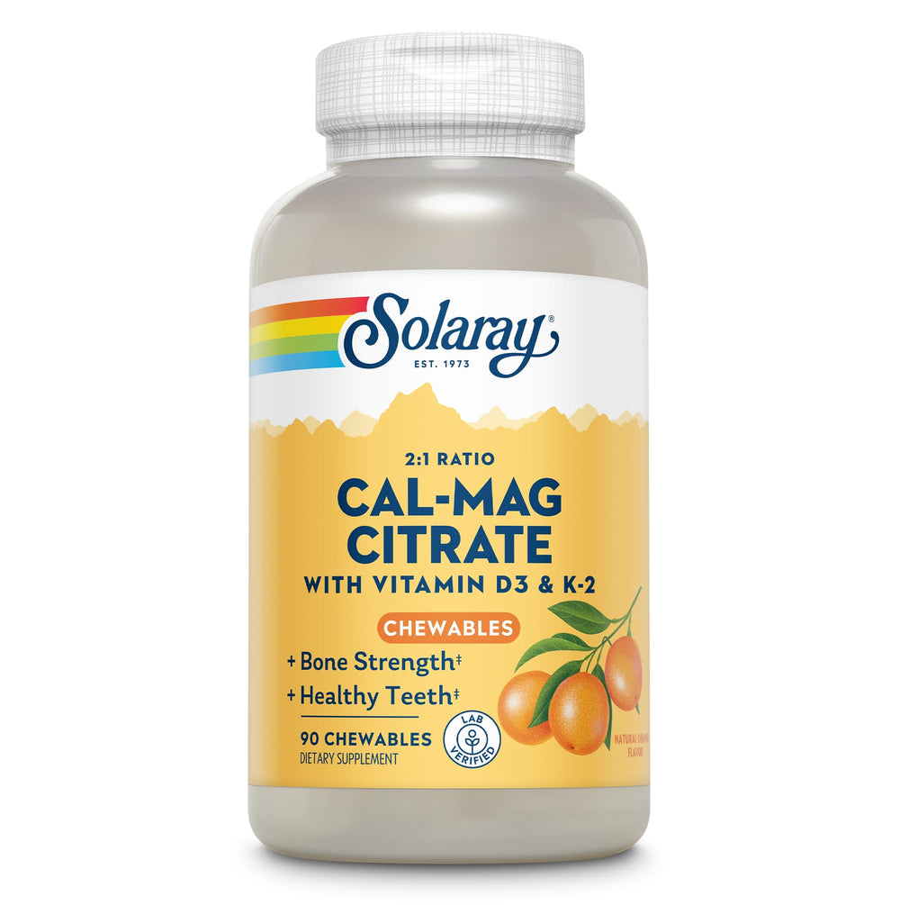 Solaray Cal-Mag Citrate Plus D-3 & K-2 orange chewables bottle highlighting daily bone support with citrus flavor.