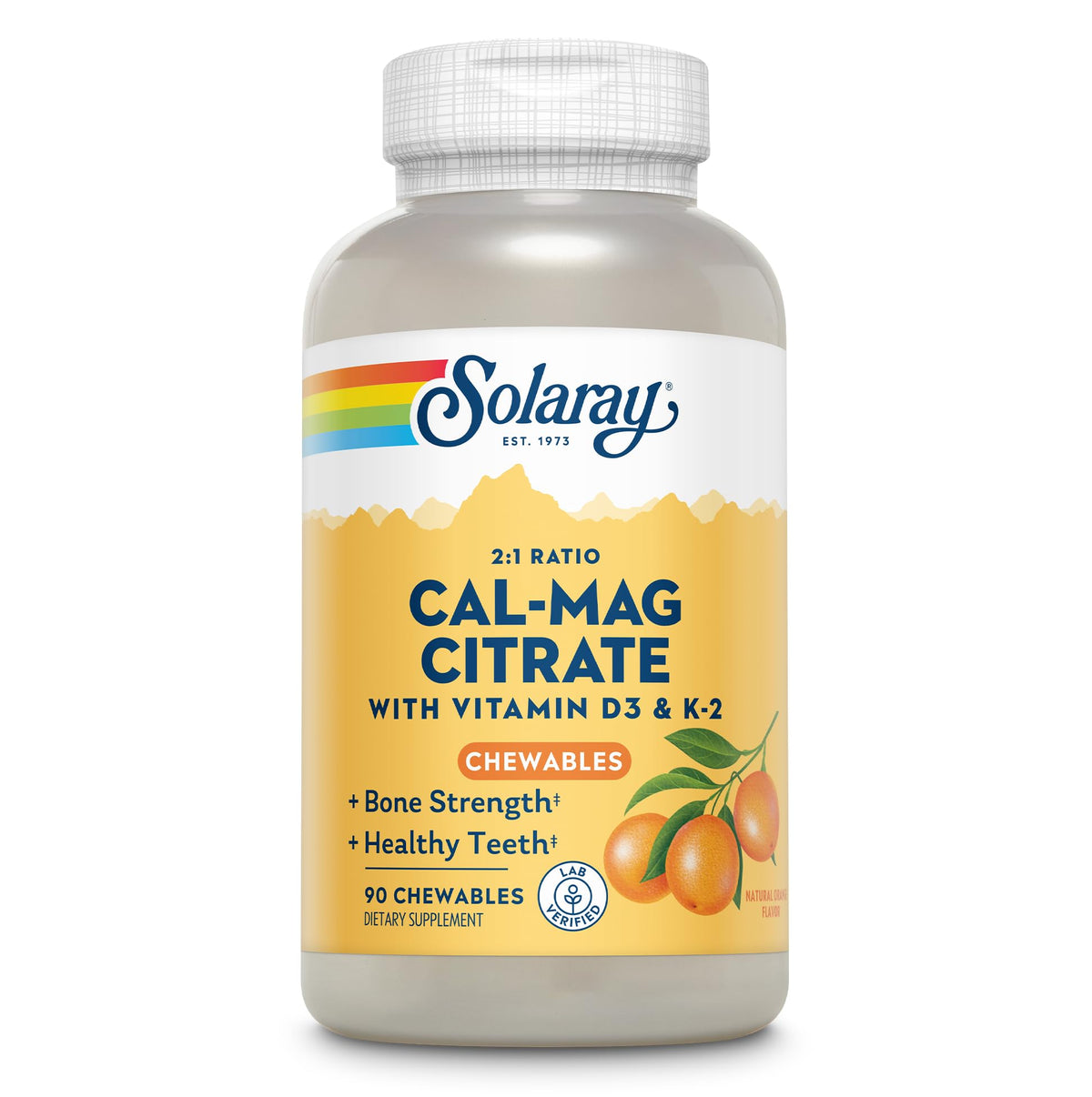 Solaray Cal-Mag Citrate Plus D-3 & K-2 orange chewables bottle highlighting daily bone support with citrus flavor.