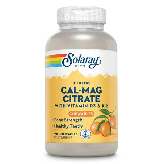 Solaray Cal-Mag Citrate Plus D-3 & K-2 orange chewables bottle highlighting daily bone support with citrus flavor.