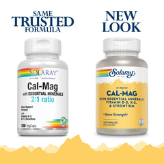 SOLARAY Cal-Mag capsules image emphasizes vitamins D-3 and K-2 and mineral delivery.