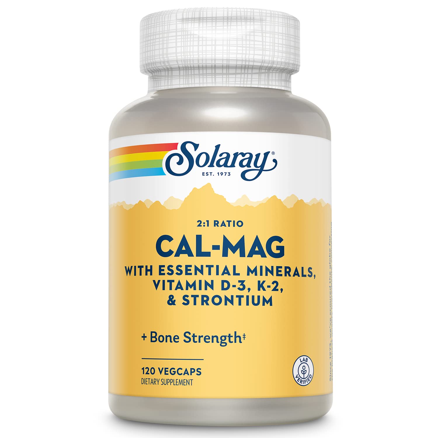 SOLARAY Cal-Mag minerals bottle shows label and nutrition details for daily use.